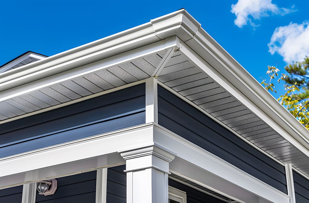 Modern Home Exterior Corner Detail with White Eave and Blue Siding